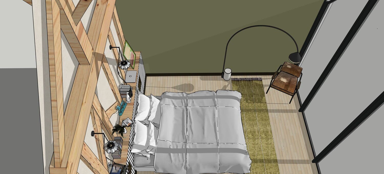 Chambre parentale sous charpente bois avec lampe arc et tapis