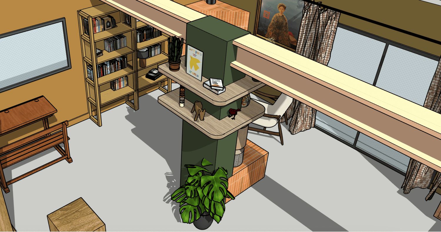 Salon bibliothèque avec poêle, étagères bois et mezzanine