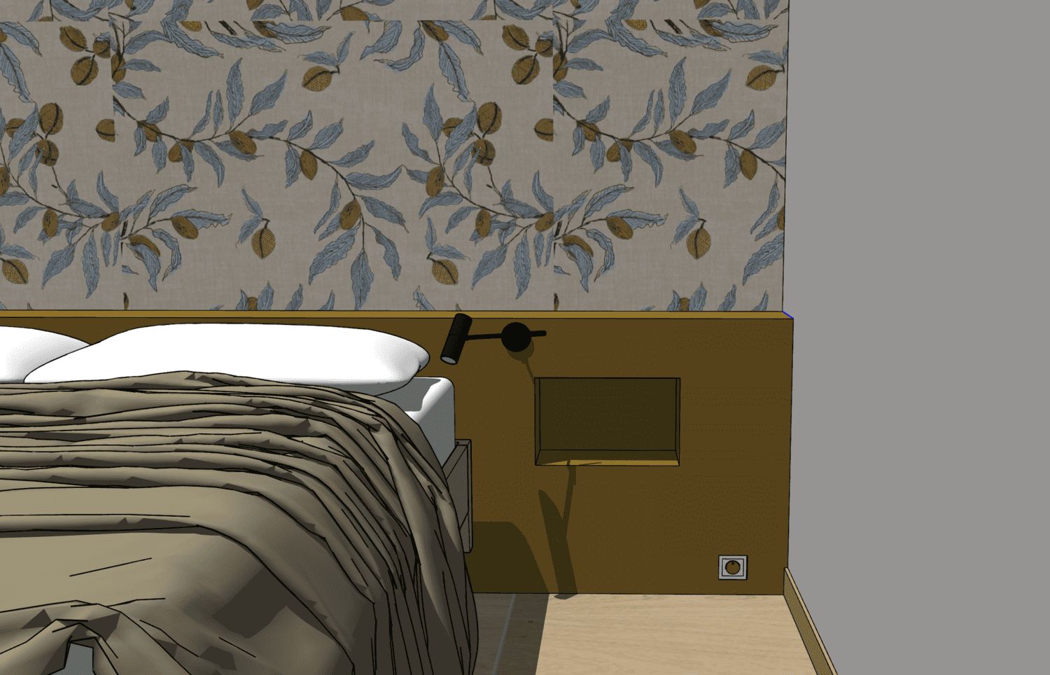 Tête de lit en bois avec papier peint feuillage bleu et doré